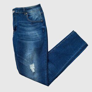 Women's Distressed Mid-Rise Cotton Jeans - Dark Wash - Extra Large